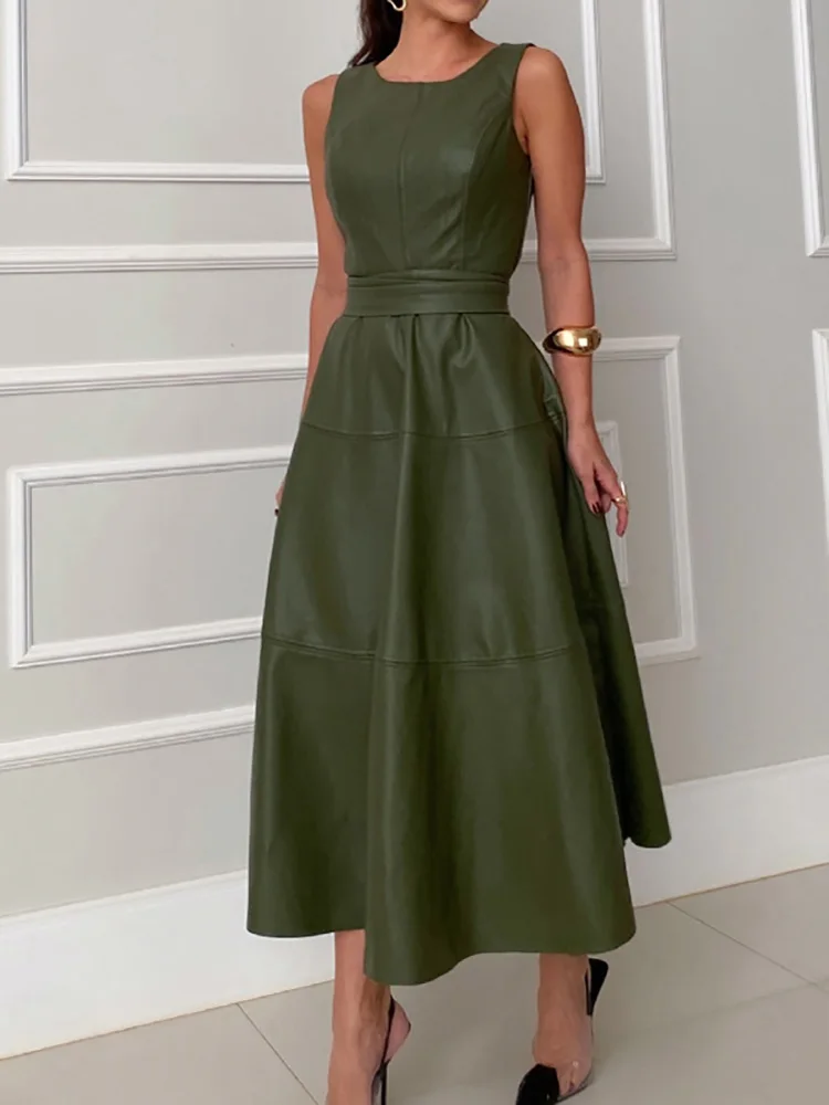 Solid Patchwork Leather Simple Party Dress, Women Spring Summer Lace-Up O Neck Maxi Dress, 2024 Sleeveless Elegant Ladies Dress
Solid Patchwork Leather Simple Party Dress, Women Spring Summer Lace-Up O Neck Maxi Dress, 2024 Sleeveless Elegant Ladies Dress