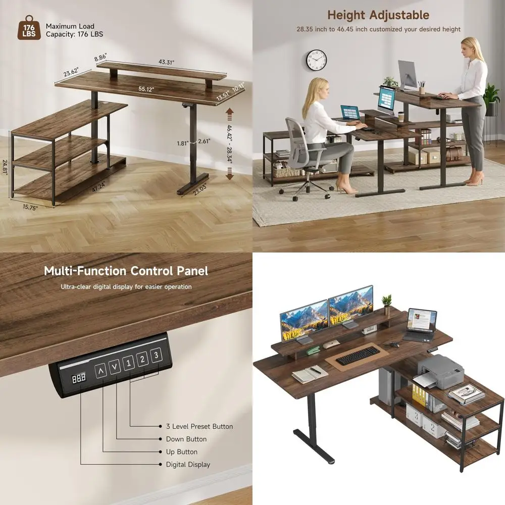 L-Shaped Electric Standing Desk with Adjustable Monitor Shelf, 55x24, Height 28-46, Walnut Finish
L-Shaped Electric Standing Desk with Adjustable Monitor Shelf, 55x24, Height 28-46, Walnut Finish