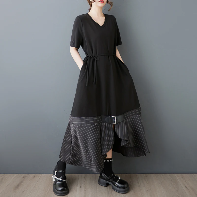 Bla High Waist Summer New Loose Faion Design Sense Asymmetrical Stripe Belt Splicing Ele Dr Polyester Cotton Blend
Bla High Waist Summer New Loose Faion Design Sense Asymmetrical Stripe Belt Splicing Ele Dr Polyester Cotton Blend
