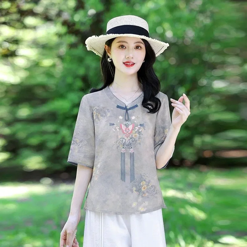 Women's Chinese Style Floral Print Linen Blouse Summer V-Neck Half Sleeve Casual Retro Top
Women's Chinese Style Floral Print Linen Blouse Summer V-Neck Half Sleeve Casual Retro Top