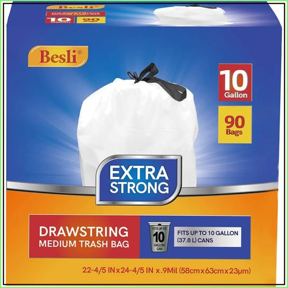 10 Gallon Drawstring Trash Bags, 0.9 Mil, 90 Counts, Garbage Can Liners
10 Gallon Drawstring Trash Bags, 0.9 Mil, 90 Counts, Garbage Can Liners