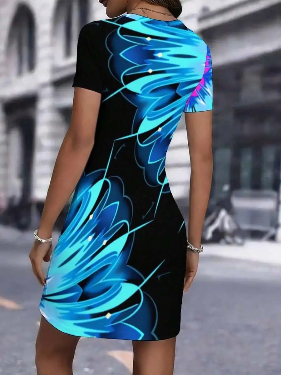 Womens Bodycon Short Sleeve Round Neck Midi Dress With Blue Floral Print
Womens Bodycon Short Sleeve Round Neck Midi Dress With Blue Floral Print