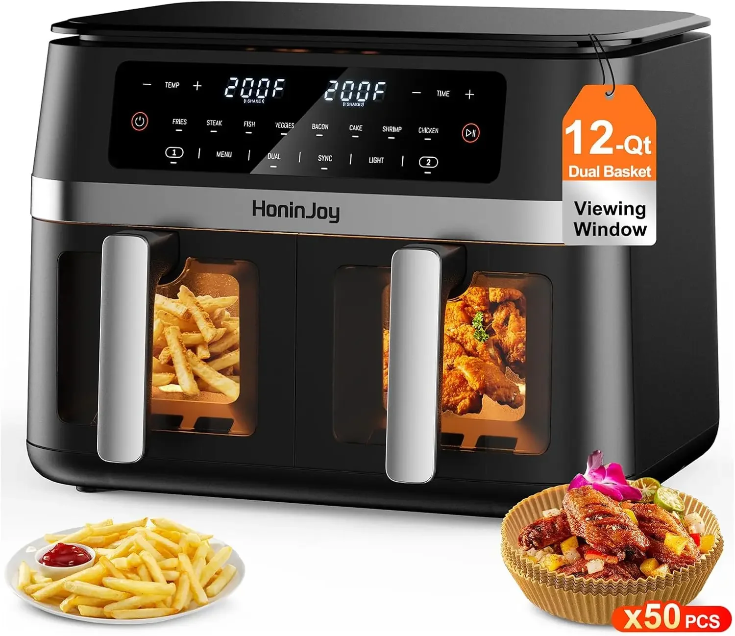 12QT Large Dual Basket Air Fryer with Viewing Window and 50pcs Paper Liners 10 in 1 Digital Touchscreen Double Zone Air Fryers
12QT Large Dual Basket Air Fryer with Viewing Window and 50pcs Paper Liners 10 in 1 Digital Touchscreen Double Zone Air Fryers