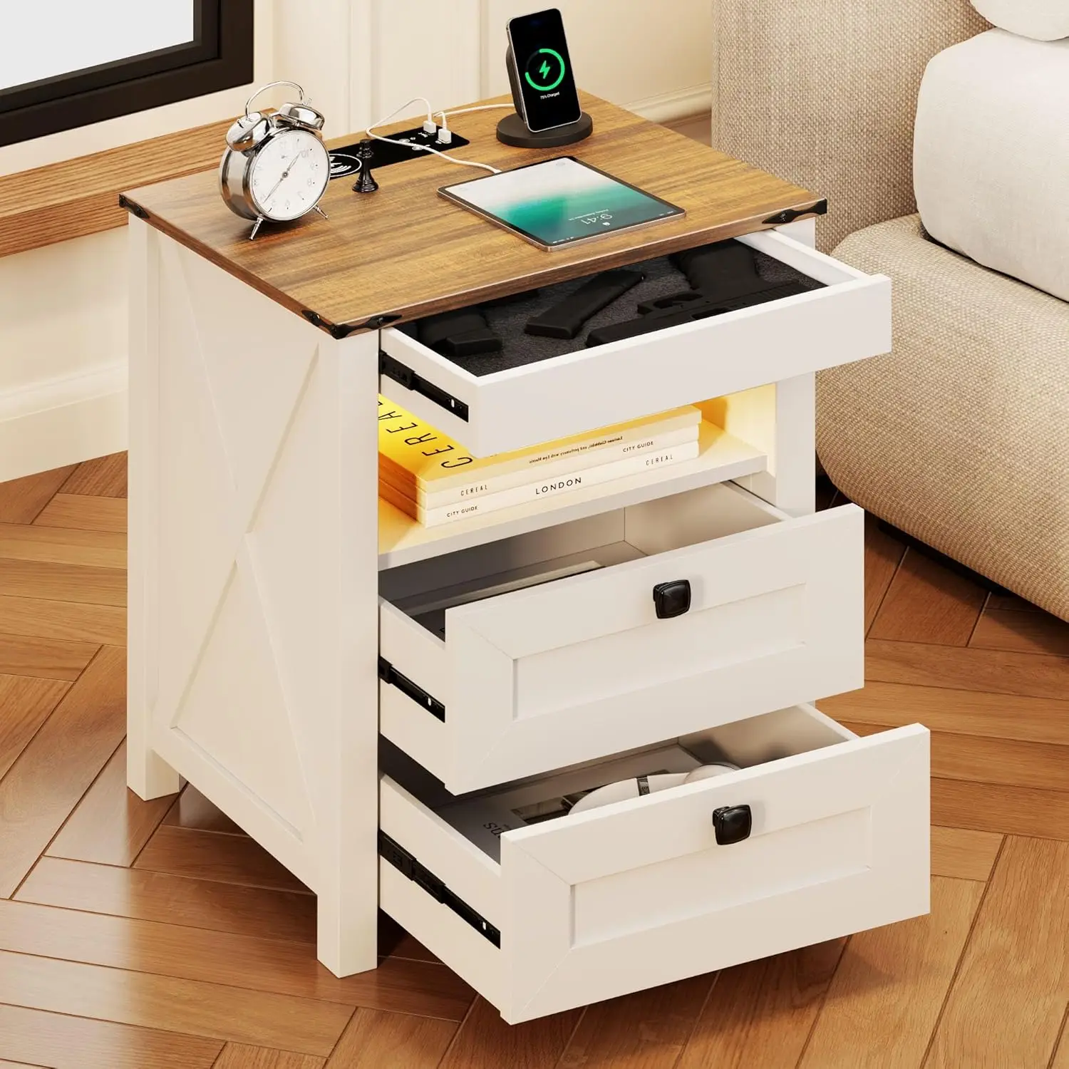 Night Stand With Gun Drawer, Farmhouse Bedside Table With Charging Station, Gun Nightstand With Led Light & Human Sensor, Smart
Night Stand With Gun Drawer, Farmhouse Bedside Table With Charging Station, Gun Nightstand With Led Light & Human Sensor, Smart