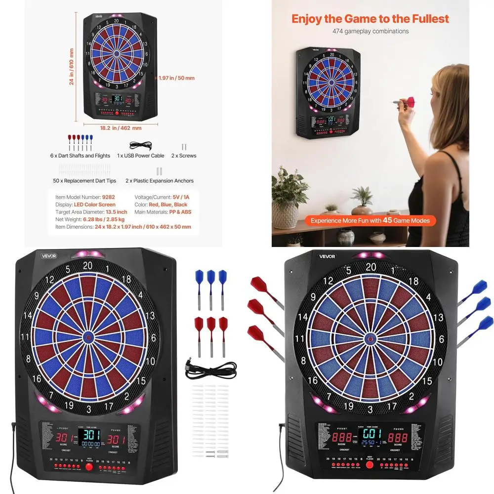 13.5 Electronic Dartboard with 45 Games, 474 Scoring Options, Supports 8 Players, Includes 6 Darts & 50 Tips
13.5 Electronic Dartboard with 45 Games, 474 Scoring Options, Supports 8 Players, Includes 6 Darts & 50 Tips