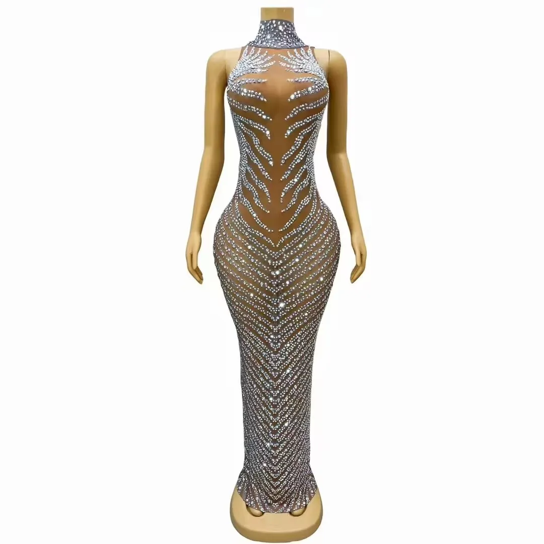 Transparent Mesh Long Dress Elegant Luxury Silver Rhinestones Sleeveless Stretch Prom Evening Party Bodycon Gowns Stage Costume 
Transparent Mesh Long Dress Elegant Luxury Silver Rhinestones Sleeveless Stretch Prom Evening Party Bodycon Gowns Stage Costume