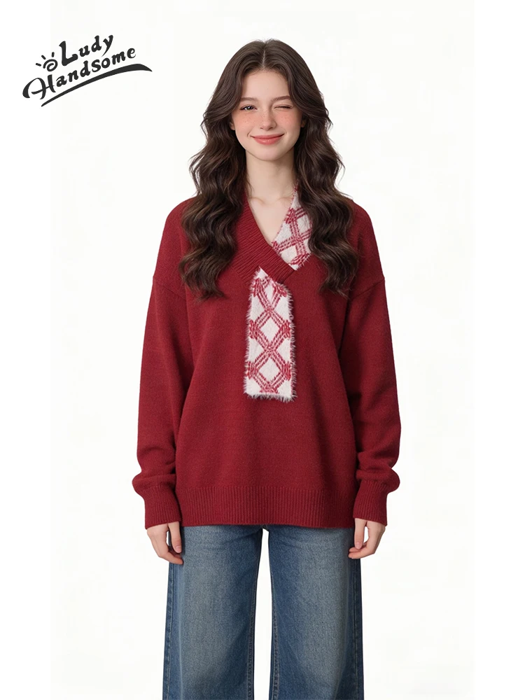 Red Loose Knitted Sweater Women's Lazy Sle Ne Design Faux Two-Piece Winter Warm Long Sve V-Ne Casual Faion Top
Red Loose Knitted Sweater Women's Lazy Sle Ne Design Faux Two-Piece Winter Warm Long Sve V-Ne Casual Faion Top