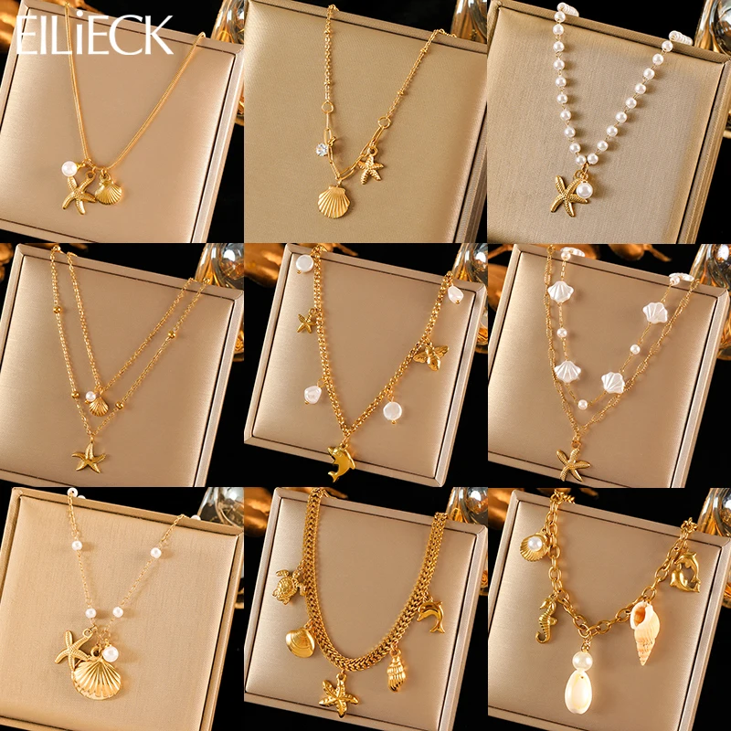 EILIECK 316L Stainless Steel Ocean Style Shells Starfish Pearls Necklace for Women Golden Collar Summer Waterproof Jewelry Gift
EILIECK 316L Stainless Steel Ocean Style Shells Starfish Pearls Necklace for Women Golden Collar Summer Waterproof Jewelry Gift