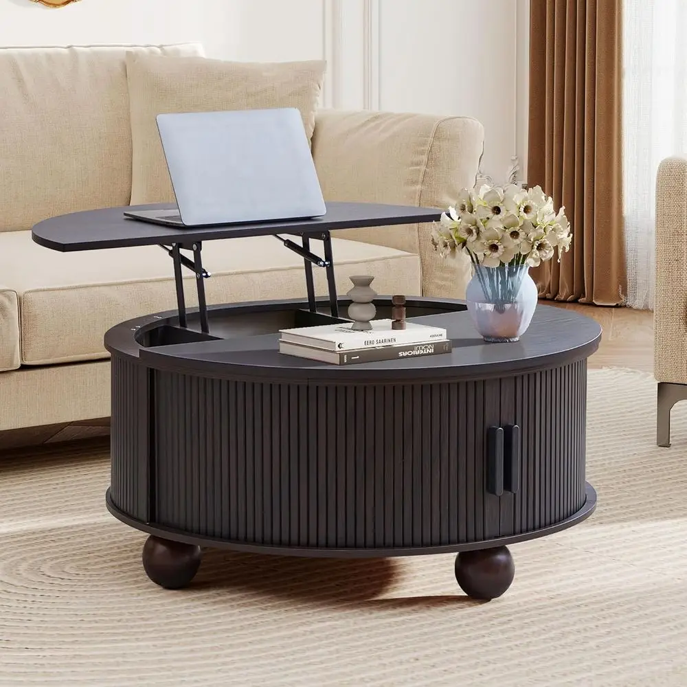 Round 33.5 Storage Coffee Table with Sliding Door and Ball Legs, Espresso Finish, Living Room Drum Accent Table
Round 33.5 Storage Coffee Table with Sliding Door and Ball Legs, Espresso Finish, Living Room Drum Accent Table