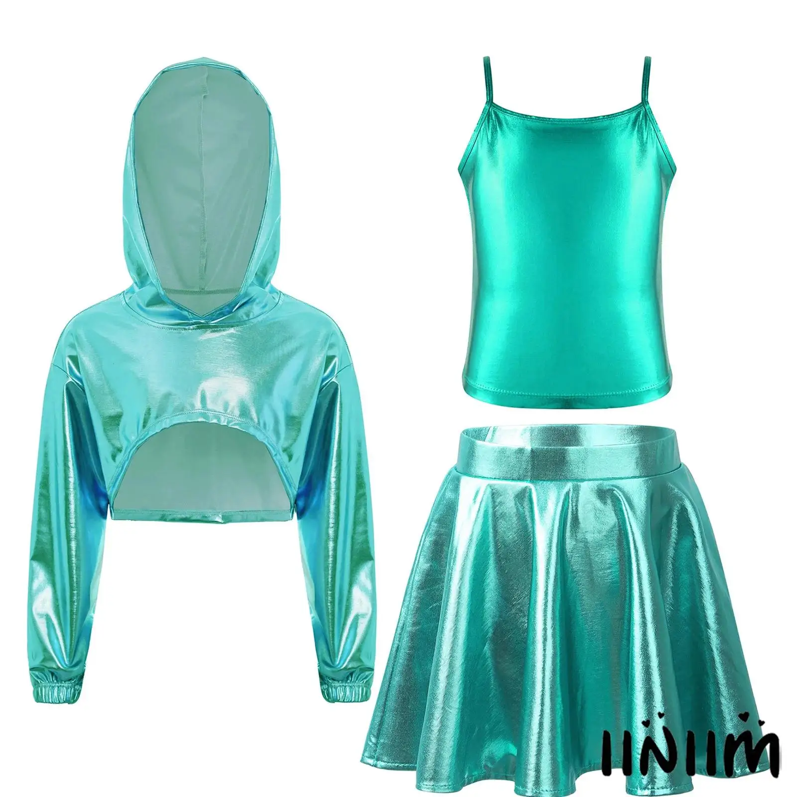 Kids Girls Metallic Hip-hop Jazz Dance Performance Outfit Long Sleeve Asymmetrical Hem Cropped Hoodie with Vest and Flared Skirt
Kids Girls Metallic Hip-hop Jazz Dance Performance Outfit Long Sleeve Asymmetrical Hem Cropped Hoodie with Vest and Flared Skirt