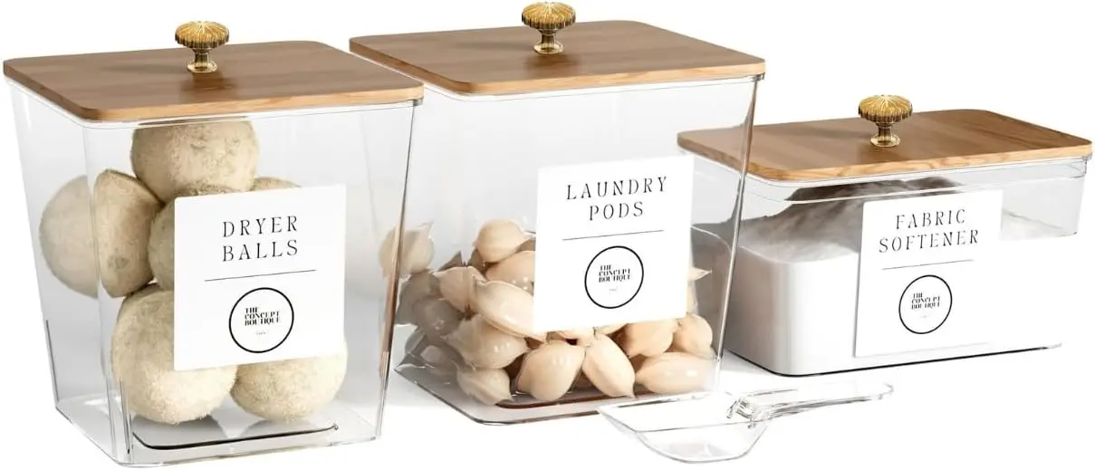 3 Pack Clear Laundry Storage Jars with Wood Knobs Pods Detergent Organizer Scoops Labels
3 Pack Clear Laundry Storage Jars with Wood Knobs Pods Detergent Organizer Scoops Labels