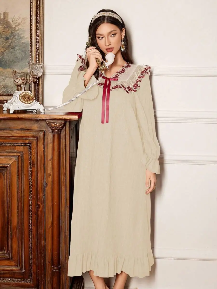 Womens Floral Embroidery Ruffle Hem Long Sleeve Nightgown Vacation Style
Womens Floral Embroidery Ruffle Hem Long Sleeve Nightgown Vacation Style