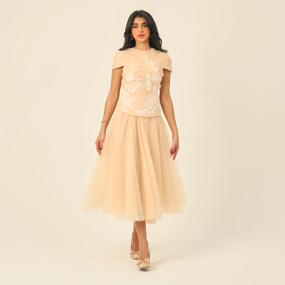 Customized O-neck Champagne A-line Jersey Evening Dress Short Sleeves With Appliques Party Gown Draped Tea-Length Prom Dress
Customized O-neck Champagne A-line Jersey Evening Dress Short Sleeves With Appliques Party Gown Draped Tea-Length Prom Dress