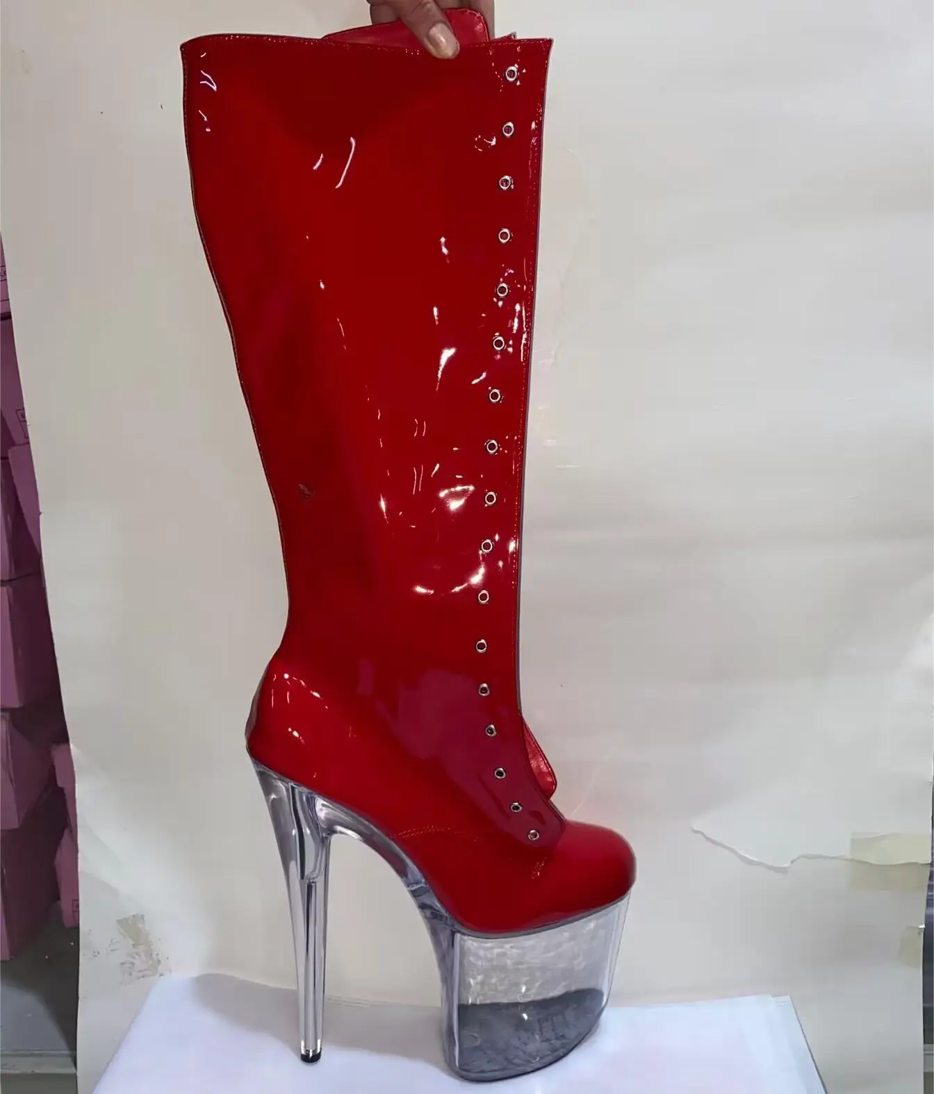 8 "high heels, PU leather ladies knee boots, 20 cm sexy gorgeous lace-up transparent sole, middle dance shoes
8 "high heels, PU leather ladies knee boots, 20 cm sexy gorgeous lace-up transparent sole, middle dance shoes