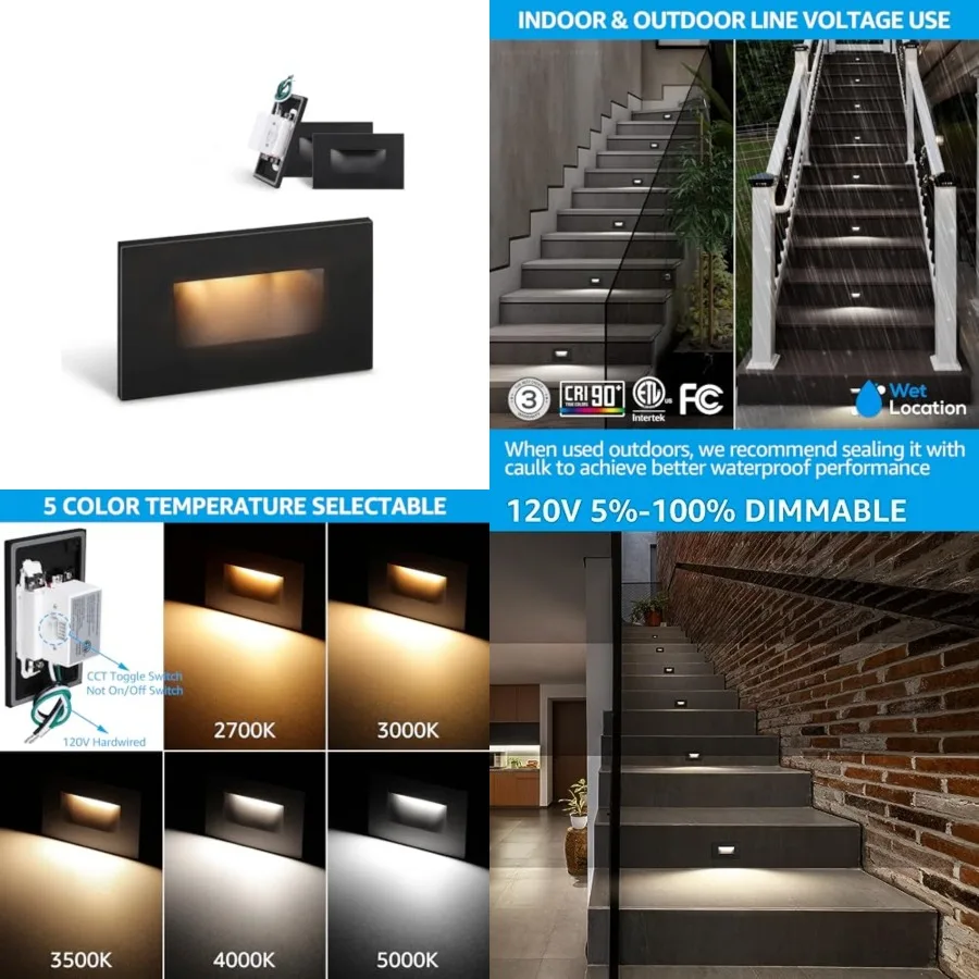 5CCT 0V LED Step Lights, .5W 5%-100% Dimmable Stair Lights Indoor Outdoor Wet Location, CRI90, ETL, Alumum, 150LM, Horizontal,
5CCT 0V LED Step Lights, .5W 5%-100% Dimmable Stair Lights Indoor Outdoor Wet Location, CRI90, ETL, Alumum, 150LM, Horizontal,