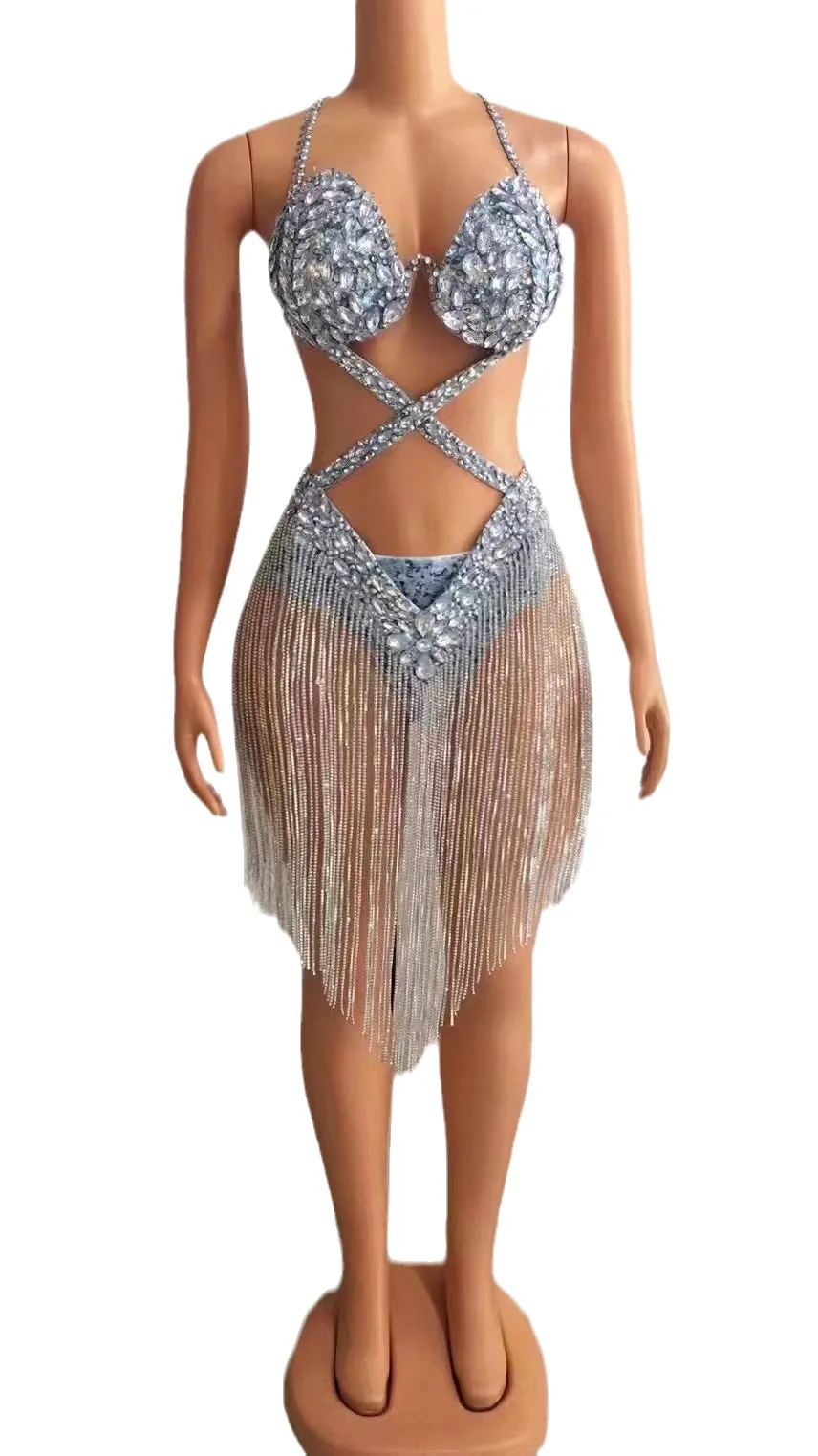 Female Singer Rhinestone Chain Fringed Tube Top Stage Performance Dress Suit Formal Dress Women Elegant Body Transparente Flecos
Female Singer Rhinestone Chain Fringed Tube Top Stage Performance Dress Suit Formal Dress Women Elegant Body Transparente Flecos