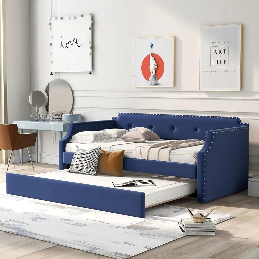 Upholstered Twin Size Daybed with Trundle, Versatile for Bedroom or Living Room, Blue
Upholstered Twin Size Daybed with Trundle, Versatile for Bedroom or Living Room, Blue
