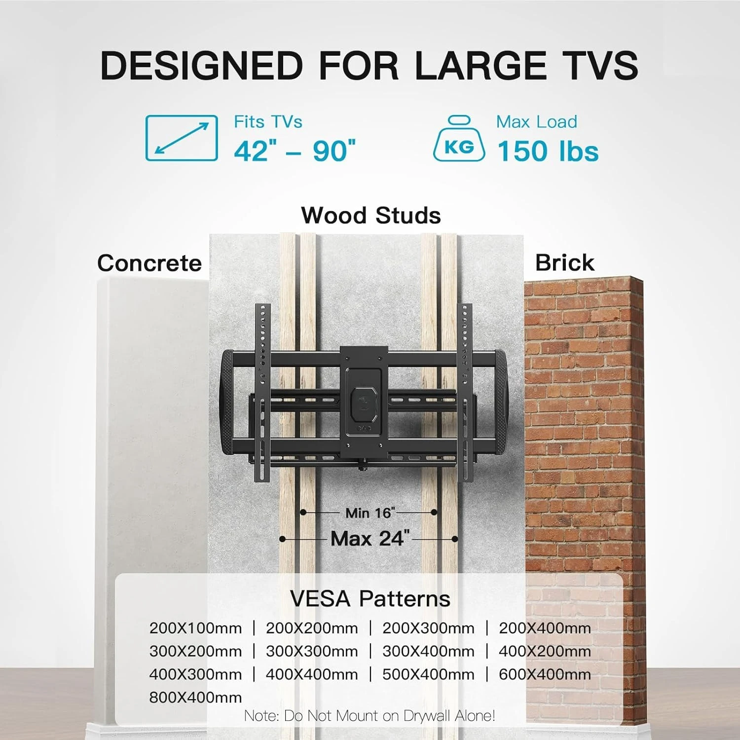 Full Motion TV Mount with 42.72 inch Extension Articulating Arm, Max 800x400mm, Holds up to 150 lbs, 16”,18”, 24” Studs
Full Motion TV Mount with 42.72 inch Extension Articulating Arm, Max 800x400mm, Holds up to 150 lbs, 16”,18”, 24” Studs