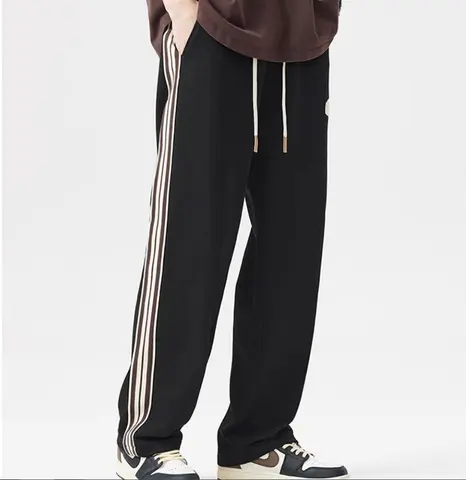 American fashion sweatpants men's summer heavy side striped printed pants gray loose straight leg track pants