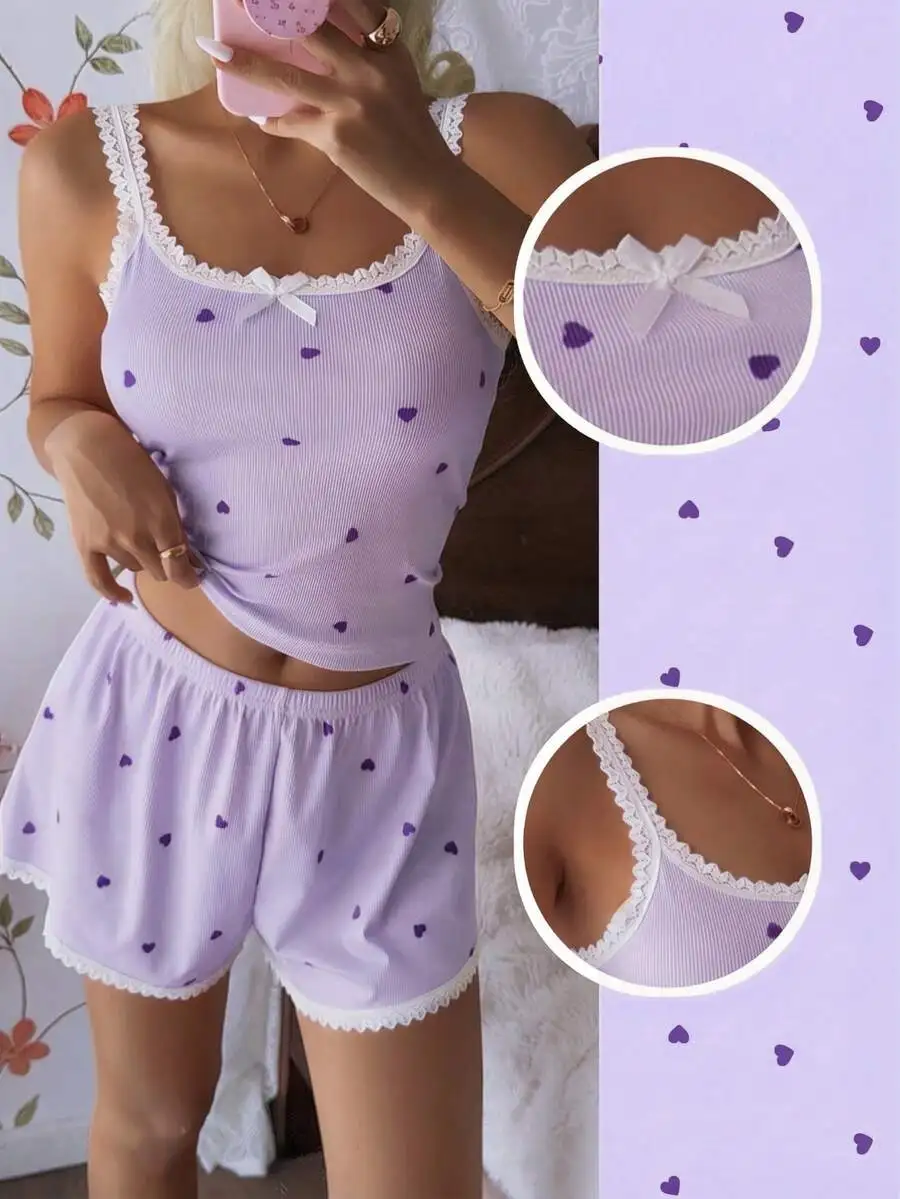 Womens Lavender Heart Print Ribbed Lace Trim Camisole Shorts Pajama Set
Womens Lavender Heart Print Ribbed Lace Trim Camisole Shorts Pajama Set