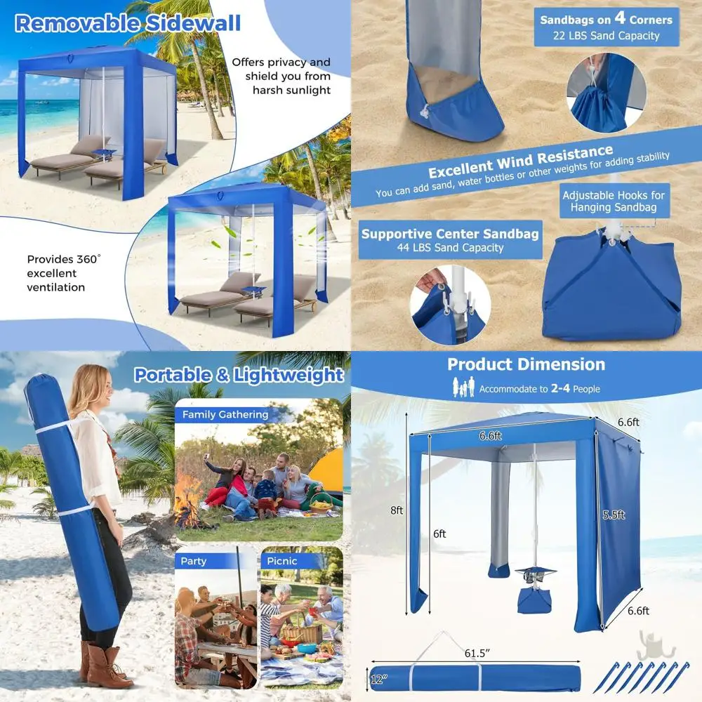 Portable 6.6' Beach Cabana with Sand Anchor, Cup Holders, UPF 50+ Sun Protection, Detachable Side Wall, and Carry Bag
Portable 6.6' Beach Cabana with Sand Anchor, Cup Holders, UPF 50+ Sun Protection, Detachable Side Wall, and Carry Bag