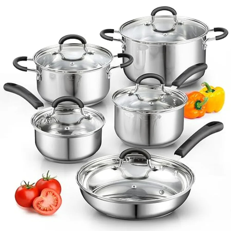 Stainless Steel Cookware Sets 10-Piece, Pots and Pans Kitchen Cooking Set with Stay-Cool Handles, Dishwasher Safe, Silver
Stainless Steel Cookware Sets 10-Piece, Pots and Pans Kitchen Cooking Set with Stay-Cool Handles, Dishwasher Safe, Silver