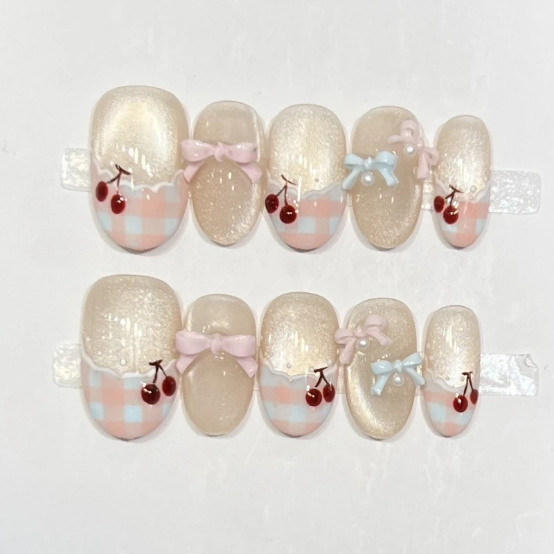10 Pieces Little Fresh Cute French Cat Eye Handmade Press On Nails Lace Plaid Cherry Fake Nails Removable Reusable
10 Pieces Little Fresh Cute French Cat Eye Handmade Press On Nails Lace Plaid Cherry Fake Nails Removable Reusable