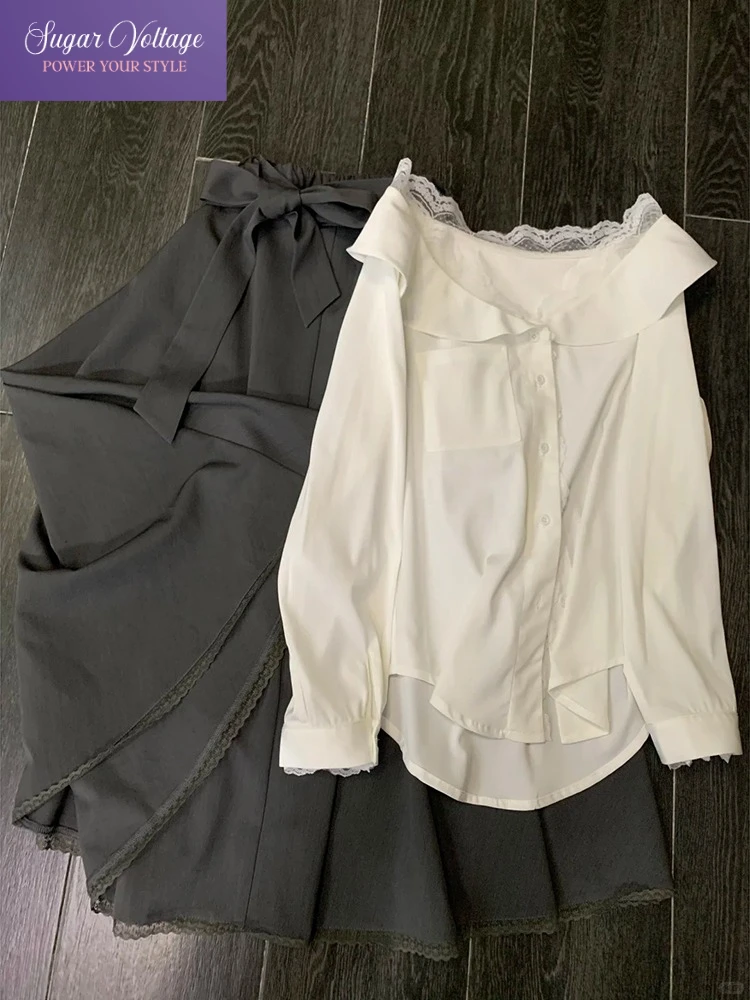 Корейский модный дизайн Sense, комплект из 2 предметов, женская кружевная рубашка с матросским воротником и пуговицами + юбка на шнуровке с высокой талией, элегантная повседневная одежда 
Корейский модный дизайн Sense, комплект из 2 предметов, женская кружевная рубашка с матросским воротником и пуговицами + юбка на шнуровке с высокой талией, элегантная повседневная одежда