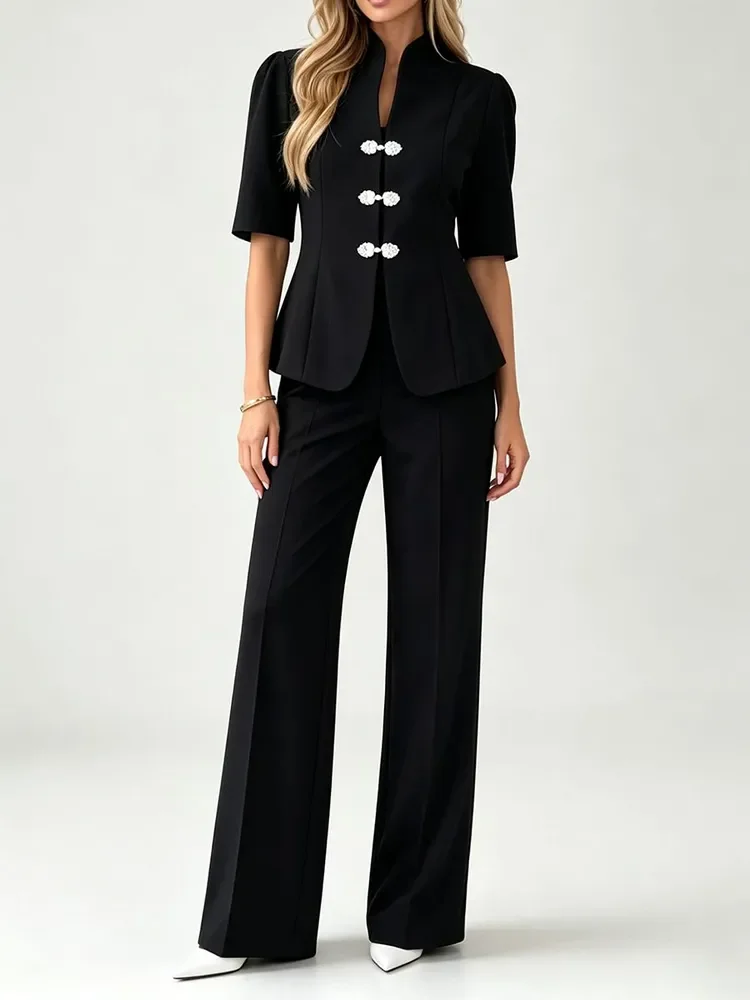 2026 Summer Women 2 Piece Blazer Suit Elegant Short Sleeve Top Wide Leg Pants Set Office Lady Workwear Black White
2026 Summer Women 2 Piece Blazer Suit Elegant Short Sleeve Top Wide Leg Pants Set Office Lady Workwear Black White