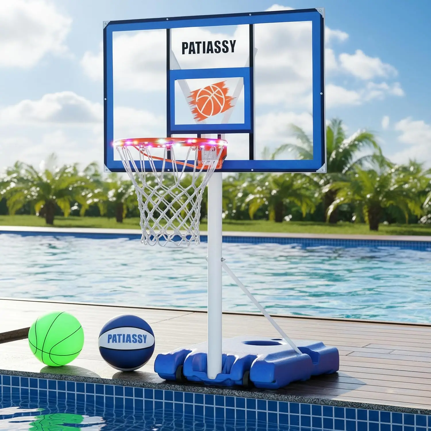 Pool Basketball Hoop with 43" Extra Wide Backboard, LED Light, Adjustable Height 60-80", Portable with Wheels, Fillable Base
Pool Basketball Hoop with 43" Extra Wide Backboard, LED Light, Adjustable Height 60-80", Portable with Wheels, Fillable Base