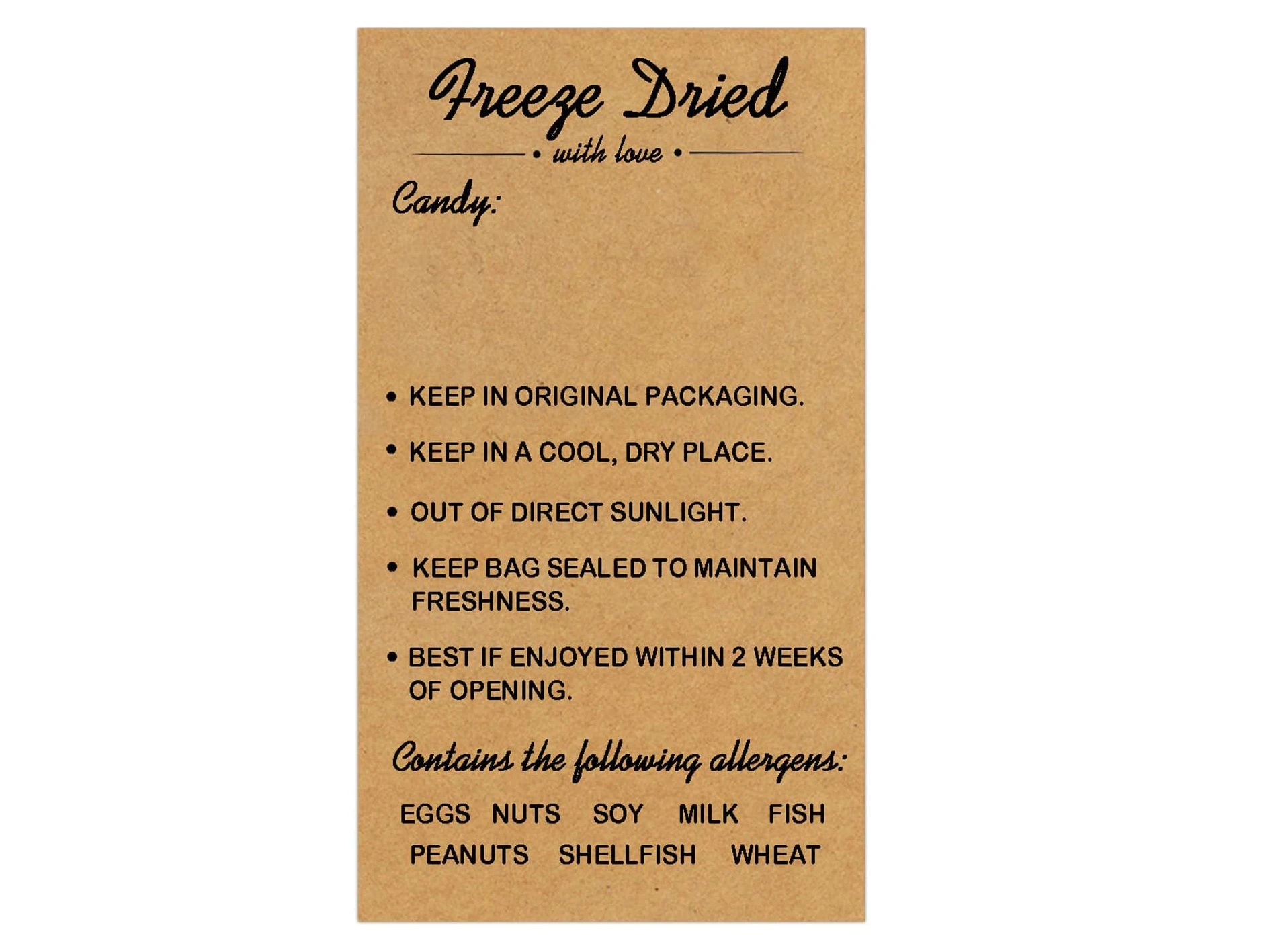 200 PCS Freeze Dried Candy Storage Instructions Stickers Candy Packaging Labels with Storage Instructions & Allergen Warnings
200 PCS Freeze Dried Candy Storage Instructions Stickers Candy Packaging Labels with Storage Instructions & Allergen Warnings