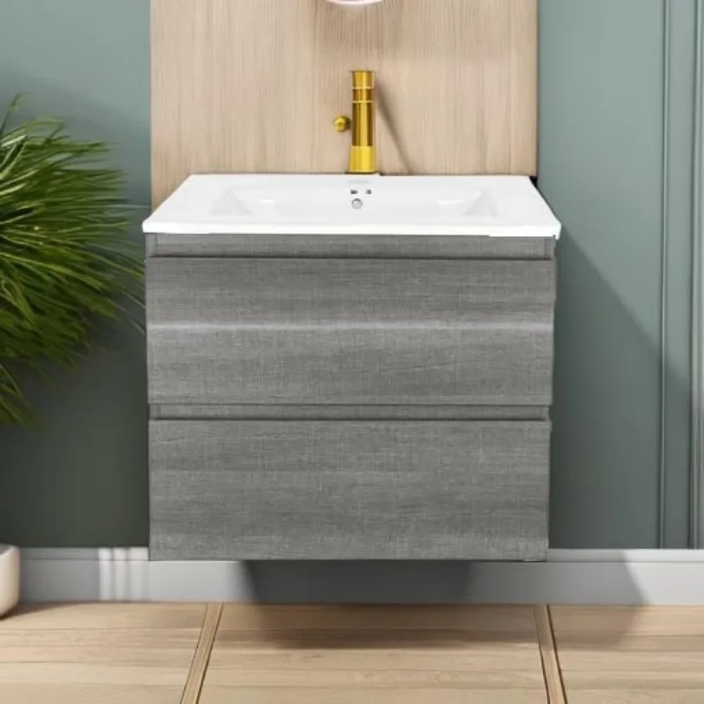Bathroom Cabinet with White Ceramic Integrated Sink, 24" Wall Mounted Bathroom Vanity with Sink Grey Floating Vanity Two Drawers
Bathroom Cabinet with White Ceramic Integrated Sink, 24" Wall Mounted Bathroom Vanity with Sink Grey Floating Vanity Two Drawers