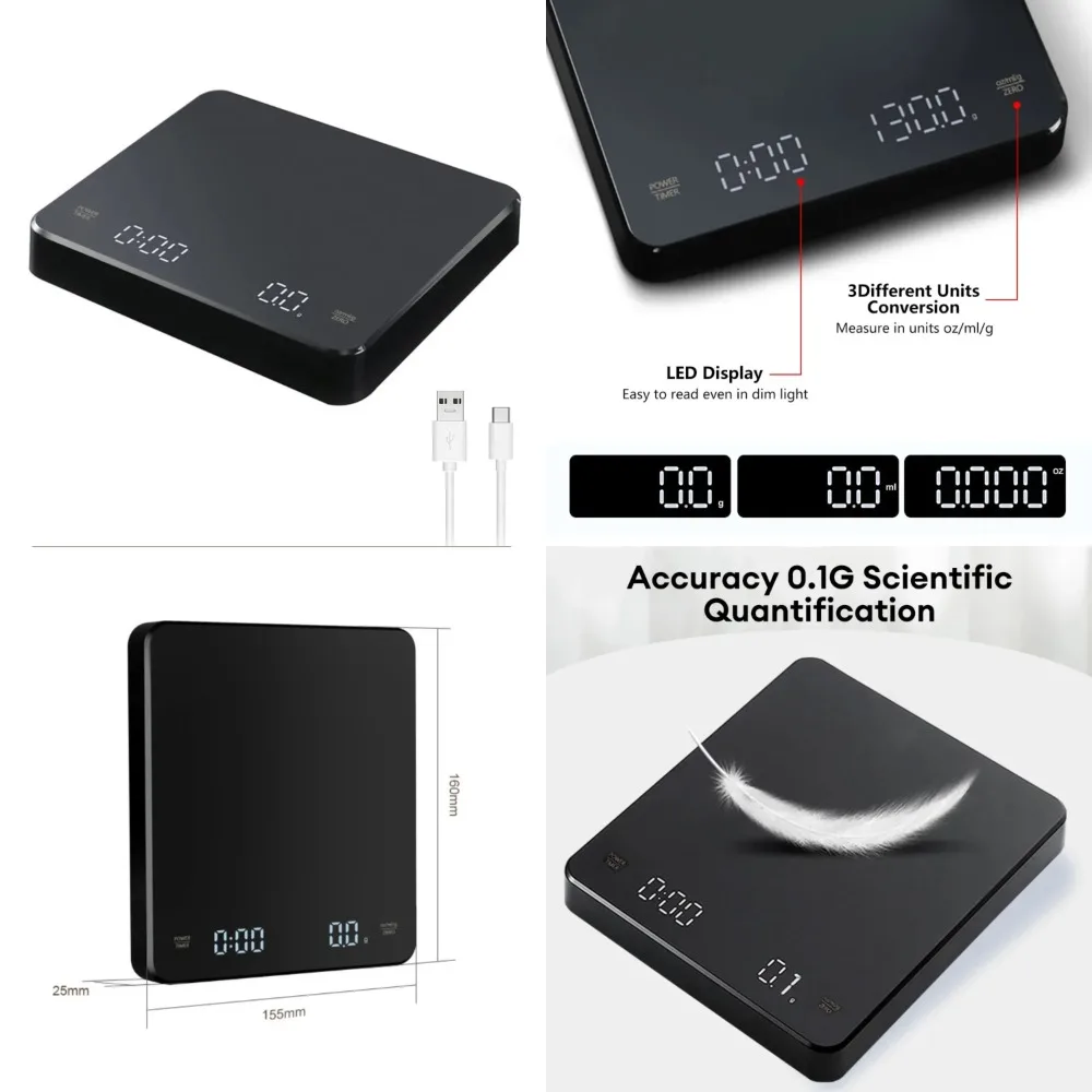High Precision Digital Coffee Scale with Timer LED USB Espresso 3kg Max Weighing Capacity 0.1g Measures in Oz/ml/g for Kitchen
High Precision Digital Coffee Scale with Timer LED USB Espresso 3kg Max Weighing Capacity 0.1g Measures in Oz/ml/g for Kitchen