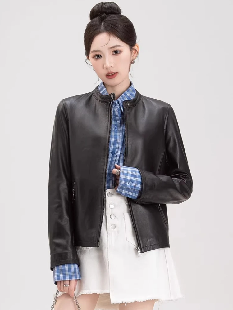 Slim Cropped Genuine Leather Motorcycle Jackets Women Spring Autumn High-end Simple Stand Collar Soft Black Real Sheepskin Coat
Slim Cropped Genuine Leather Motorcycle Jackets Women Spring Autumn High-end Simple Stand Collar Soft Black Real Sheepskin Coat