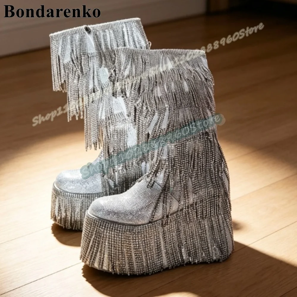 Mid Calf Silver Bling Crystals Tassels Thick Soled Boots Wedges Heel Women Shoes Side Zipper Round Toe Pink Style Trendy Boots
Mid Calf Silver Bling Crystals Tassels Thick Soled Boots Wedges Heel Women Shoes Side Zipper Round Toe Pink Style Trendy Boots