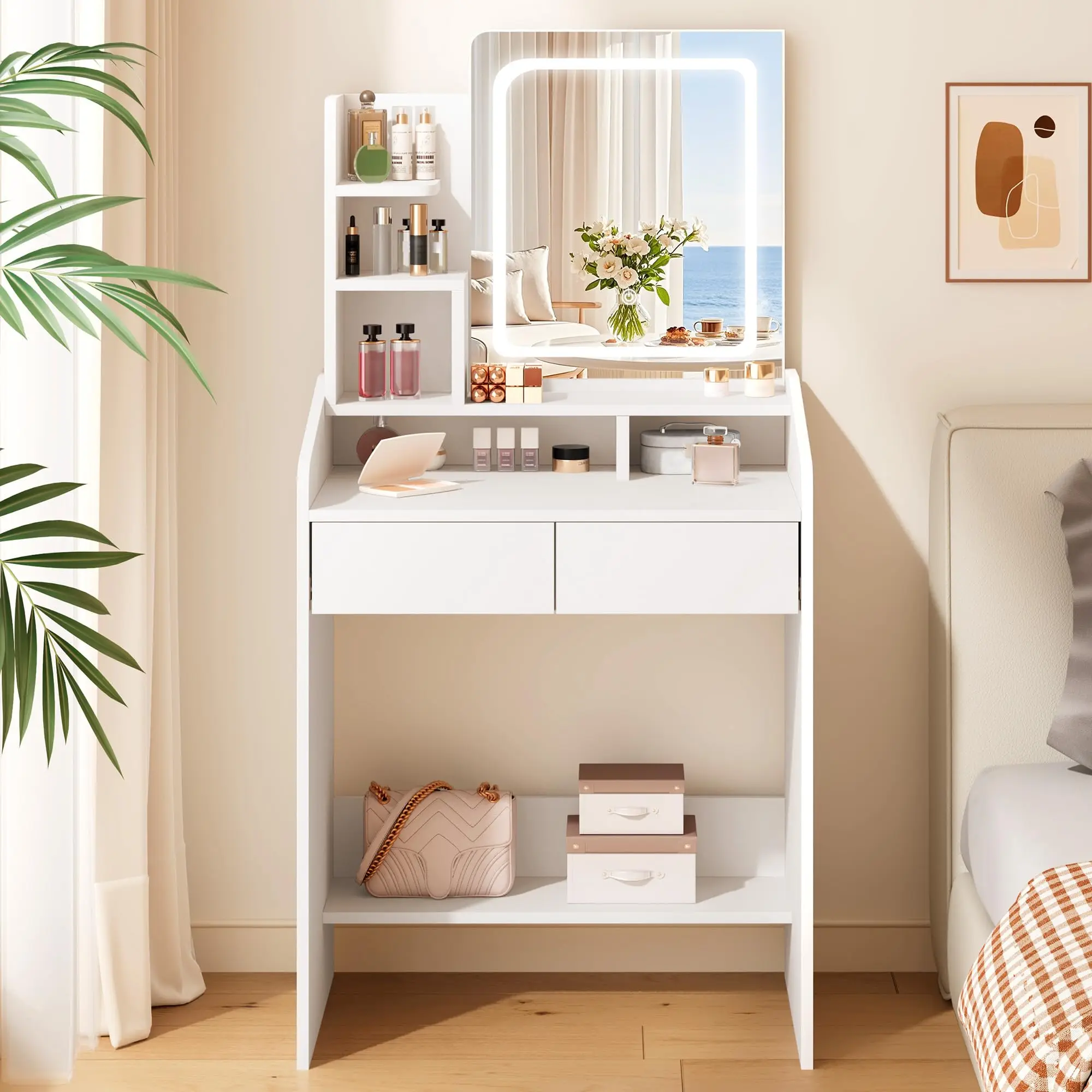 Маленький туалетный столик с LED-зеркалом и ящиками - белый компактный туалетный столик для спальни, 2 ящика
Маленький туалетный столик с LED-зеркалом и ящиками - белый компактный туалетный столик для спальни, 2 ящика