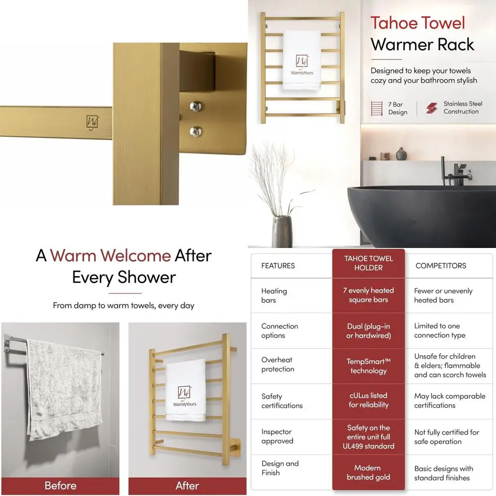 7-Bar 75W Hardwired Electric Towel Warmer in Brushed Gold for Luxurious Bathroom Comfort
7-Bar 75W Hardwired Electric Towel Warmer in Brushed Gold for Luxurious Bathroom Comfort