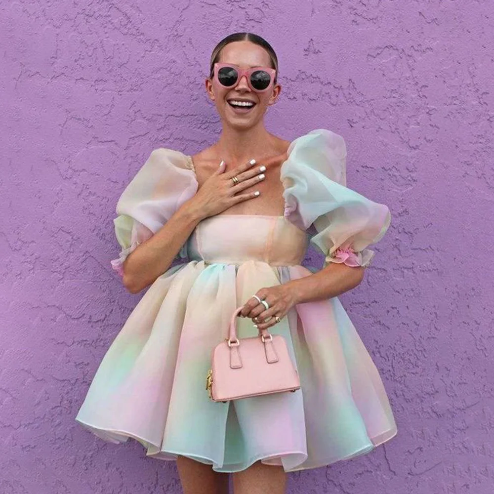 Boat Collar Rainbow Chiffon Formal Puffy Prom Dress with Short Puff Sleeve Short Backless Prom Club Gown robes de soirée
Boat Collar Rainbow Chiffon Formal Puffy Prom Dress with Short Puff Sleeve Short Backless Prom Club Gown robes de soirée