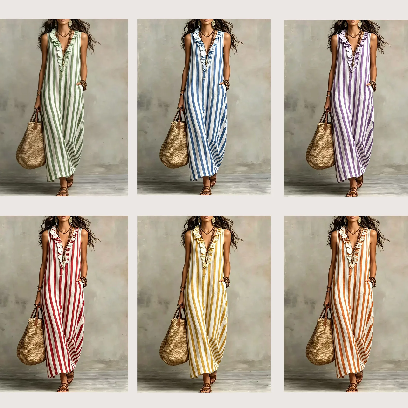 2026 Summer New Bohemian Style Vertical Striped V-Neck Ruffled Pockets Sleeveless Linen Long Dress Vestidos De Mujer
2026 Summer New Bohemian Style Vertical Striped V-Neck Ruffled Pockets Sleeveless Linen Long Dress Vestidos De Mujer