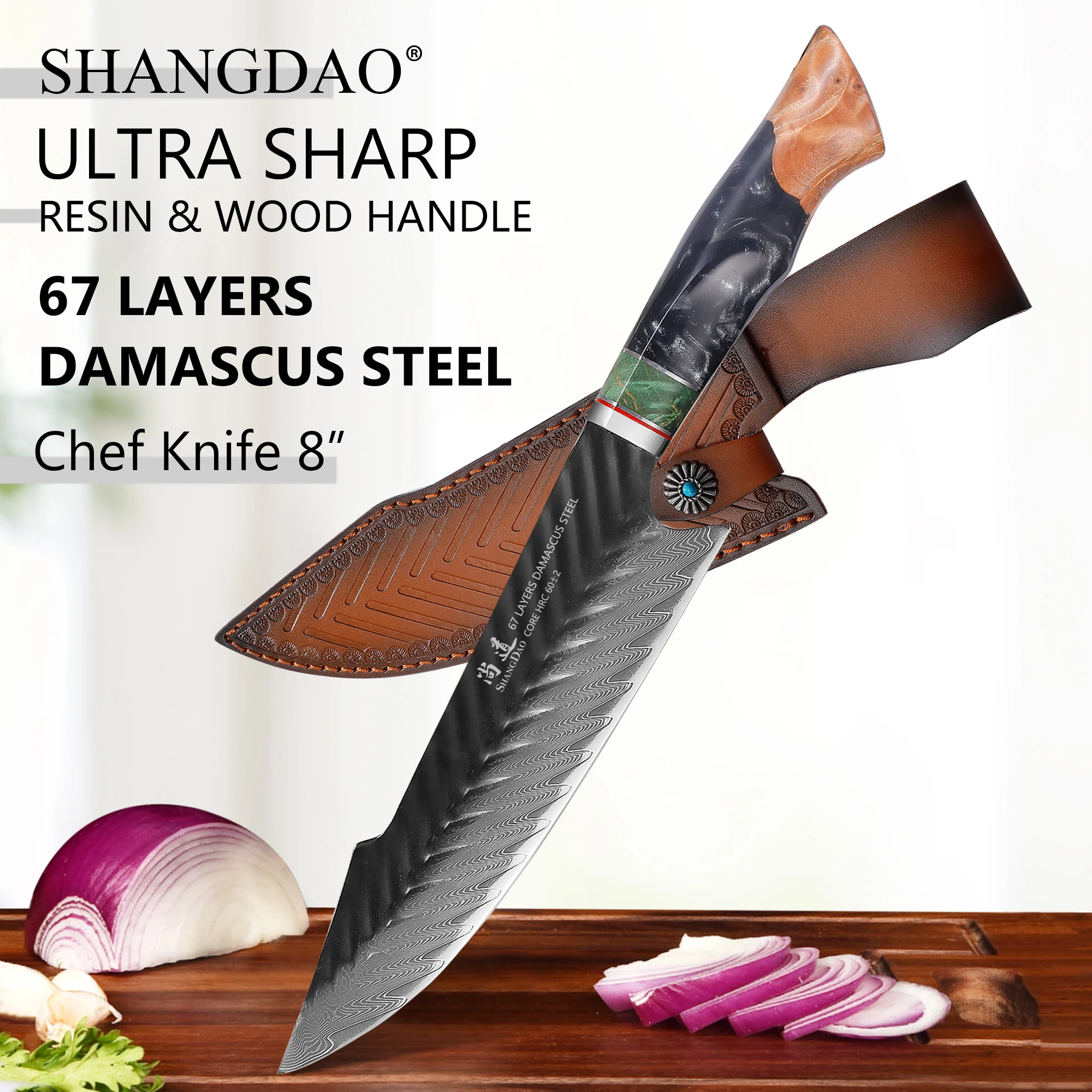 SHANGDAO Professional 67 Layers Damascus Steel Chef Knife 8" Kitchen Knives with Leather Sheath, Hand Forged Resin & Wood Handle
SHANGDAO Professional 67 Layers Damascus Steel Chef Knife 8" Kitchen Knives with Leather Sheath, Hand Forged Resin & Wood Handle