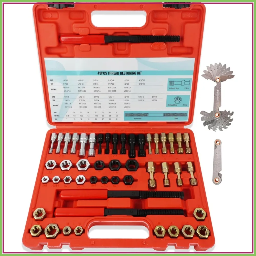51PCS Thread Restorer Tool Kit - Master Rethreading Set with 22 Taps, 24 Dies, 3 Files & 2 Gauges for UNC UNF & Metric Threads
51PCS Thread Restorer Tool Kit - Master Rethreading Set with 22 Taps, 24 Dies, 3 Files & 2 Gauges for UNC UNF & Metric Threads