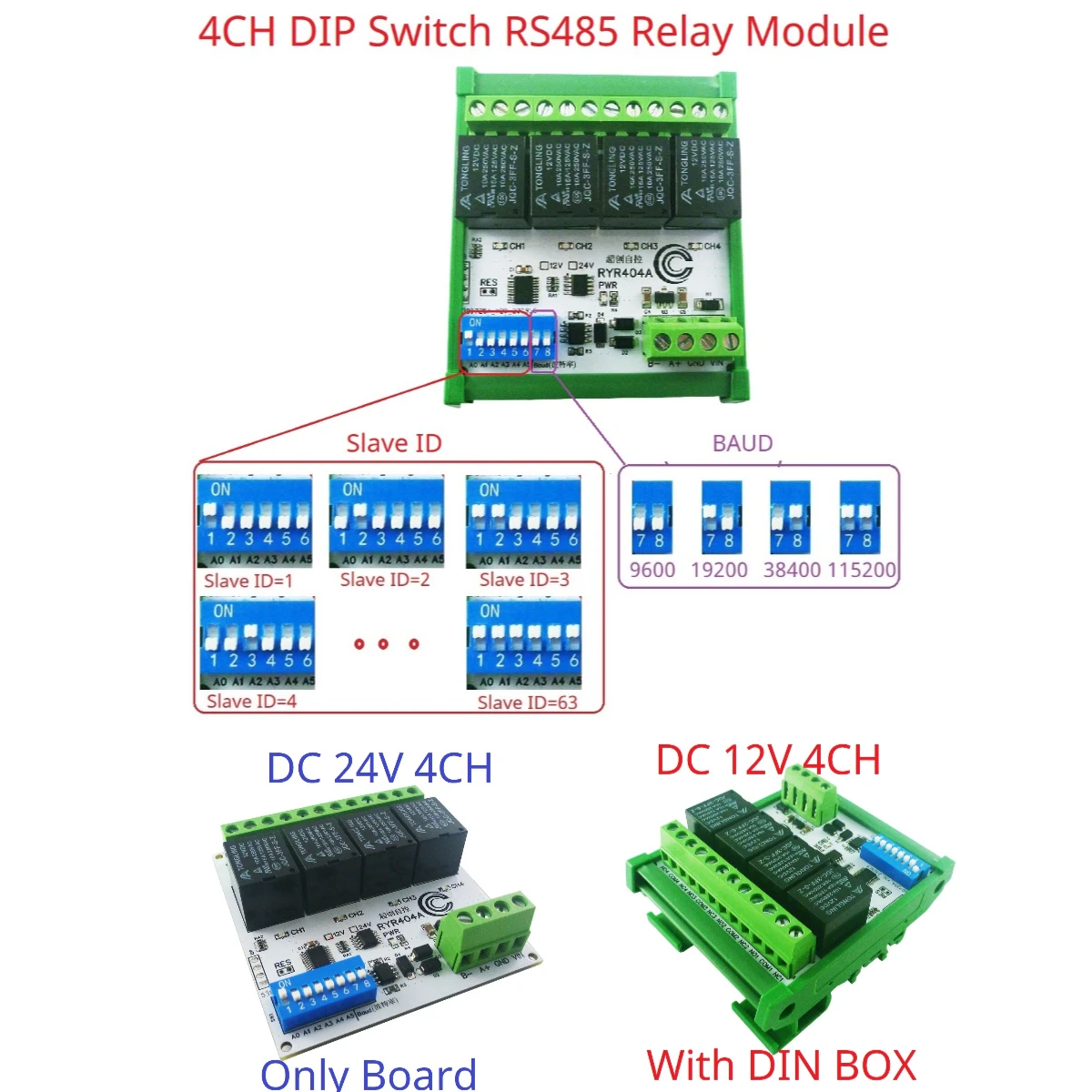 DC 12V 24V 4CH Modbus RTU RS485 DO Relay Module DIP Switch Setting Parameters With DIN BOX Industrial Grade
DC 12V 24V 4CH Modbus RTU RS485 DO Relay Module DIP Switch Setting Parameters With DIN BOX Industrial Grade