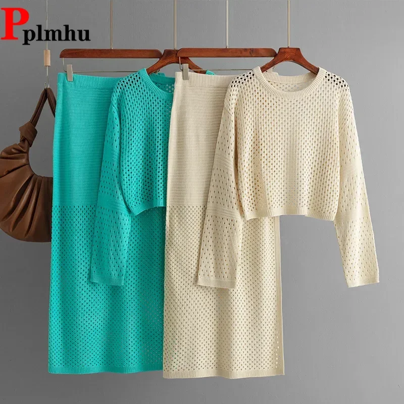 Women O-neck Knit Short Sweater Pullover Tops Conjuntos Casual High Waist Skirts Outfit Hollow Out Design Knitted 2 Piece Sets
Women O-neck Knit Short Sweater Pullover Tops Conjuntos Casual High Waist Skirts Outfit Hollow Out Design Knitted 2 Piece Sets
