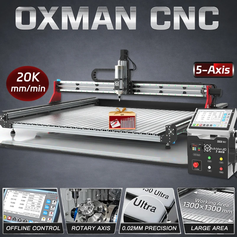 BulkMan3D OXMAN CNC Router Machine Full Kit 5-Axis DDCSV4.1 Offline Ball Screw Precise CNC Engraver For Wood Metal Acrylic MDF
BulkMan3D OXMAN CNC Router Machine Full Kit 5-Axis DDCSV4.1 Offline Ball Screw Precise CNC Engraver For Wood Metal Acrylic MDF