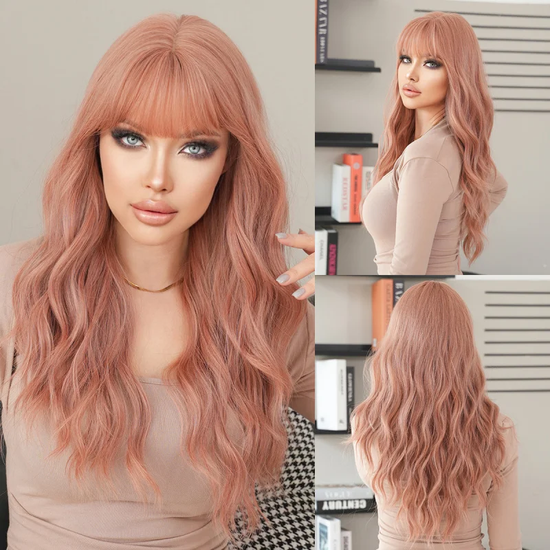 Pink-brown long curly wig women with bangs, large waves, natural full headpiece for daily use and parties
Pink-brown long curly wig women with bangs, large waves, natural full headpiece for daily use and parties