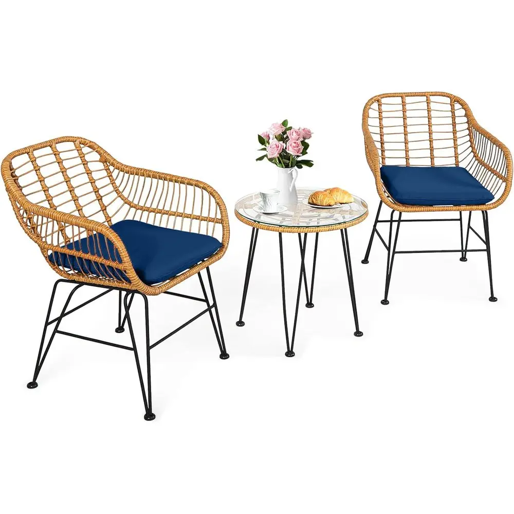 Outdoor Rattan Bistro Set with Steel Frame, Round Coffee Table, and Cushioned Seats
Outdoor Rattan Bistro Set with Steel Frame, Round Coffee Table, and Cushioned Seats