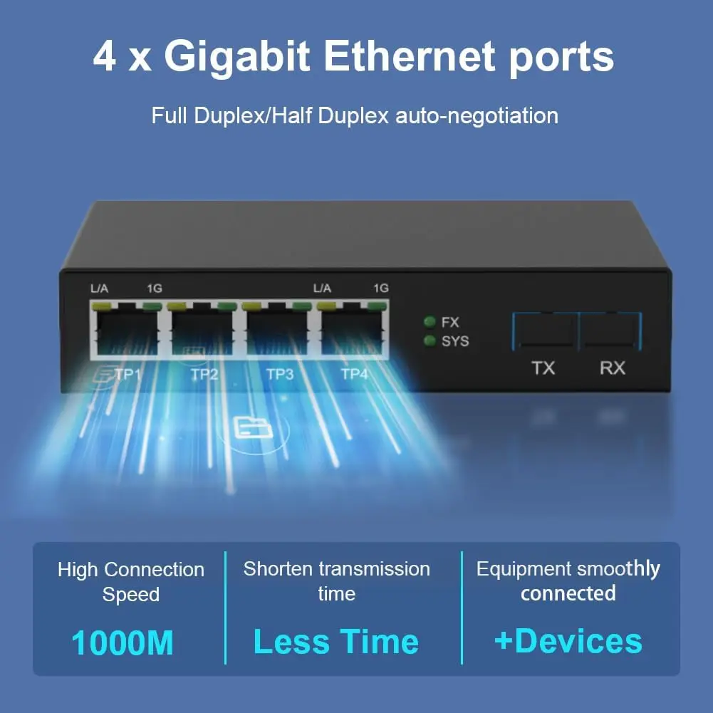 4 Port Gigabit Ethernet LED Screen Fiber Converter with 1x10G SFP+ Fiber Port, 4x10/100/1000M RJ45 Ports Network Transceiver
4 Port Gigabit Ethernet LED Screen Fiber Converter with 1x10G SFP+ Fiber Port, 4x10/100/1000M RJ45 Ports Network Transceiver
