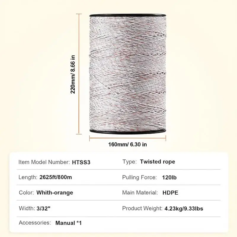 Polywire Fencing Rope 2625Ft 800M For Horse Cattle Livestock, 3/32" Diameter 9 Mixed Metal Strands Reliable Conductivity Multi-Strand Boundary Line
Polywire Fencing Rope 2625Ft 800M For Horse Cattle Livestock, 3/32" Diameter 9 Mixed Metal Strands Reliable Conductivity Multi-Strand Boundary Line