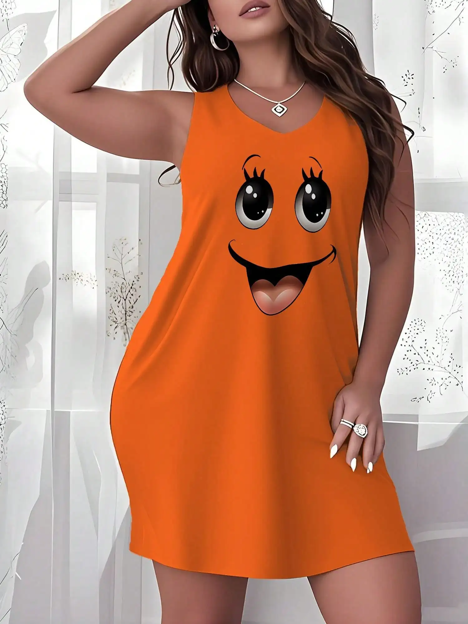 Женская оранжевая ночная сорочка без рукавов с принтом в виде смайлика, повседневное летнее платье для сна больших размеров
Женская оранжевая ночная сорочка без рукавов с принтом в виде смайлика, повседневное летнее платье для сна больших размеров