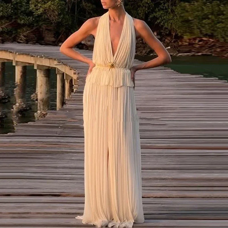 Leisure Vacation Pleated Women Sets Sexy Halter V-neck Hollow Top & Split Long Skirts Outfit Spring Summer Backless Lace Up Suit
Leisure Vacation Pleated Women Sets Sexy Halter V-neck Hollow Top & Split Long Skirts Outfit Spring Summer Backless Lace Up Suit